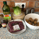 Left to Right: Soy sauce, Teriyaki sauce, olive oil, thyme, gem lettuce, rice, minced beef, potatoes, salt and pepper